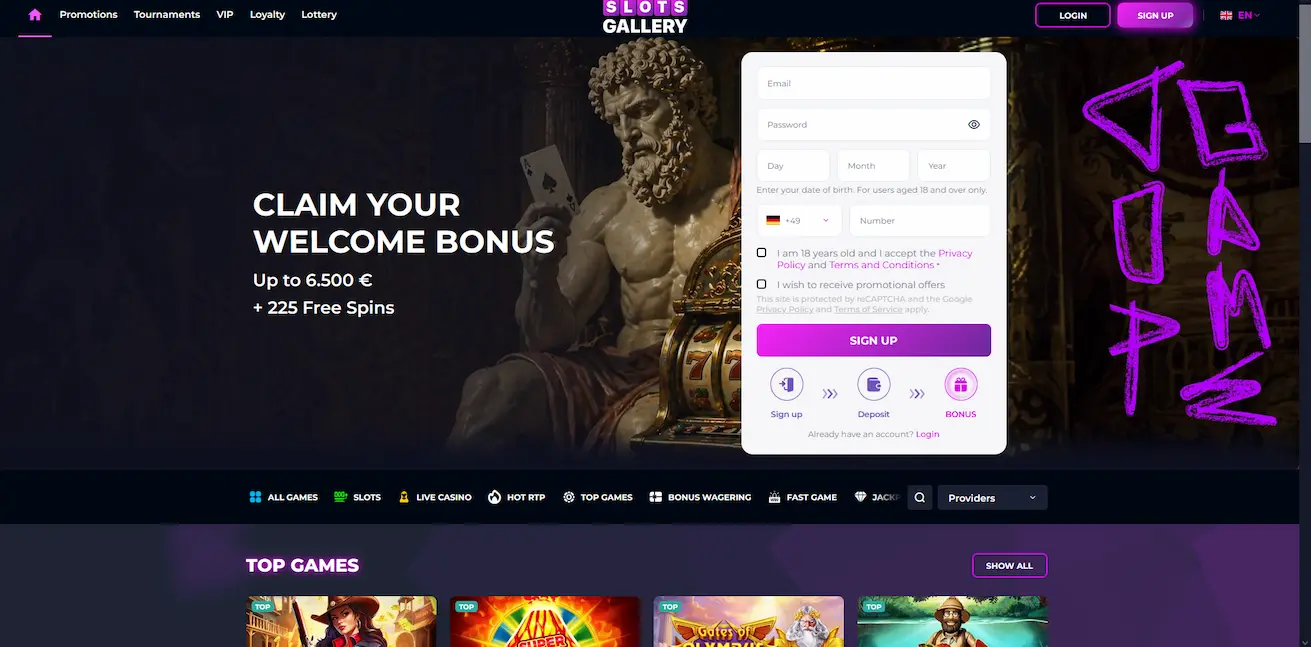 Slots Gallery Casino homepage showing the pokies and live dealer game lobby