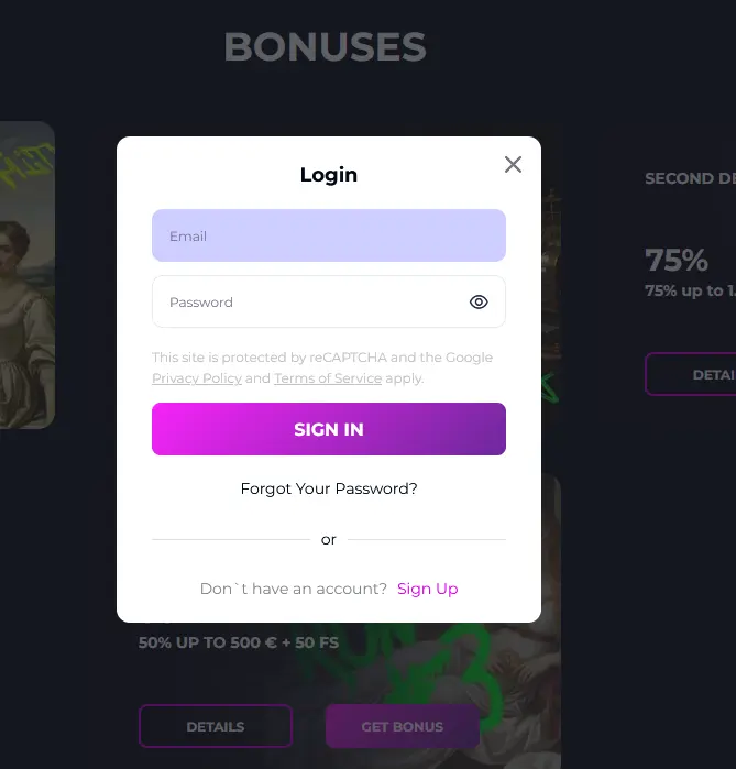 Slots Gallery Casino login screen for account access