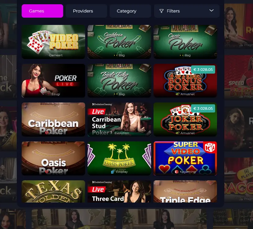 Slots Gallery Casino table games including poker variants