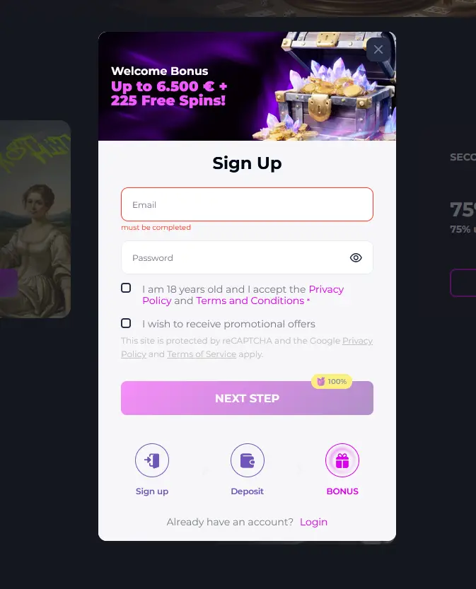 Slots Gallery Casino registration form for new player sign-up